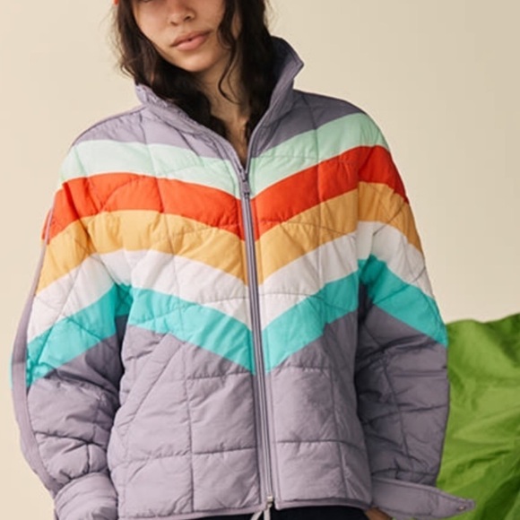 Free People Movement Sun Valley Puffer Jacket Rainbow Chevron Gray XL NWT - Picture 1 of 10